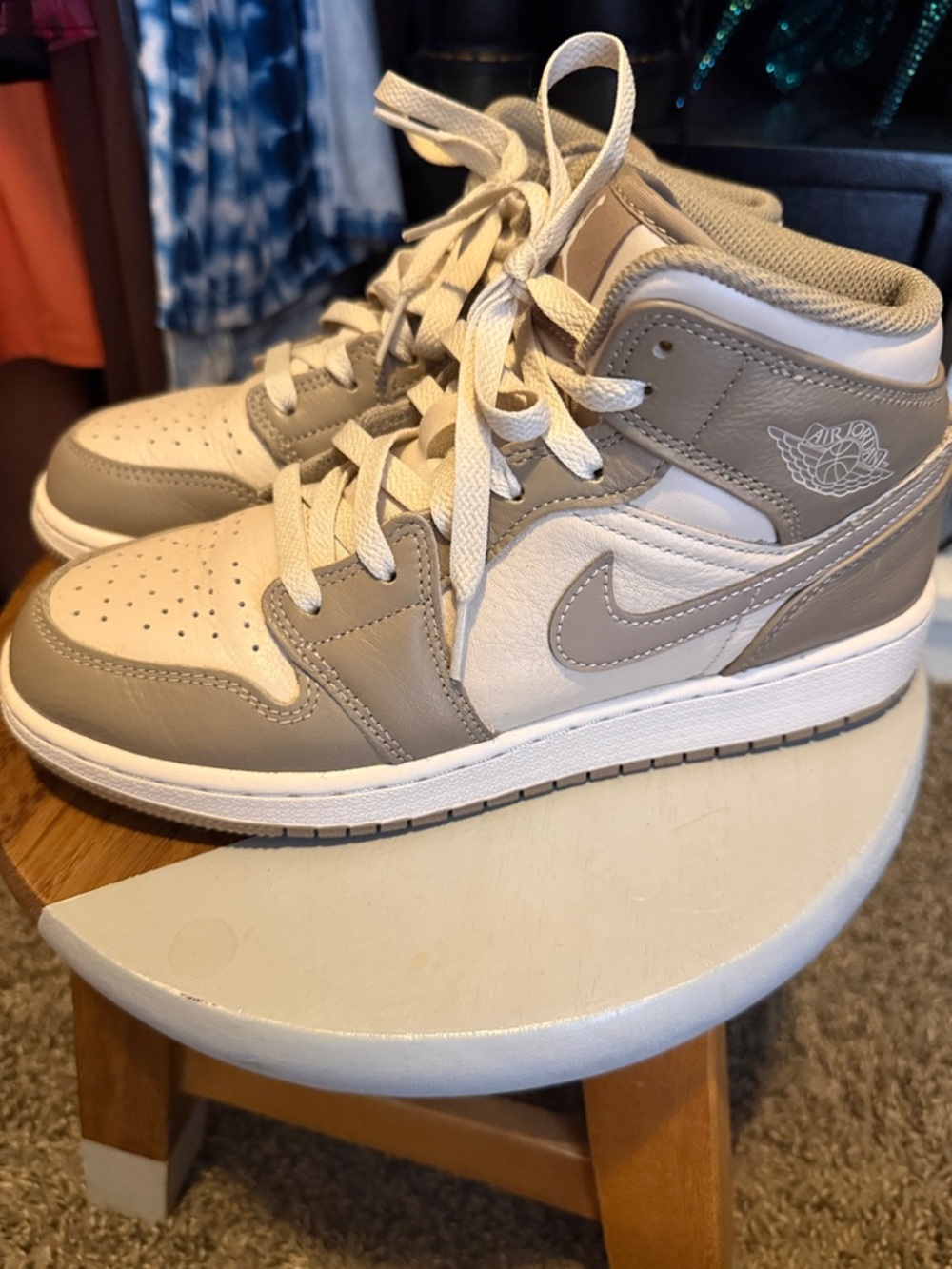 Jordan Kids High-Top Sneakers in White and Taupe